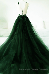 Green A-Line Tulle With Lace Low Back Semi Formal Prom Dress, Green Tulle Evening Dress Party Dress